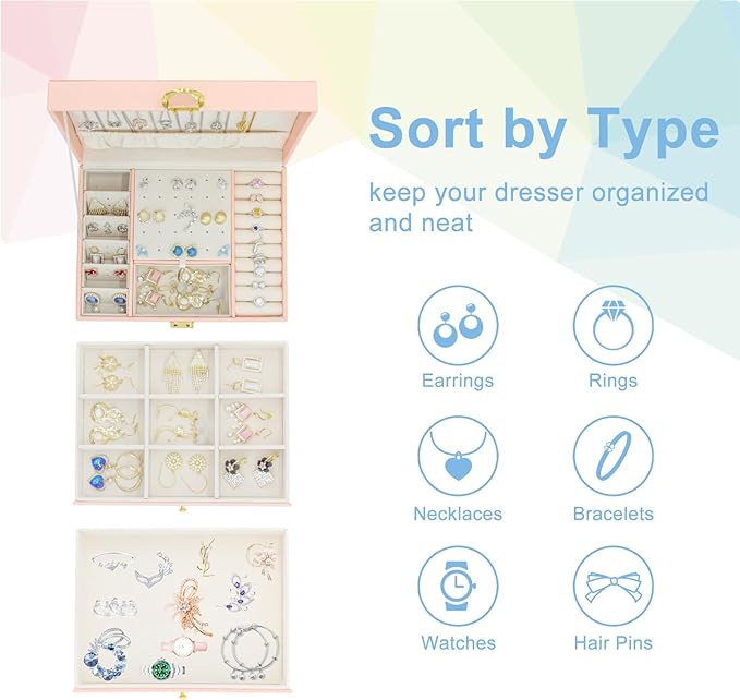 KOOAAICCHI Jewelry Box for Women, 3-Layer Jewelry Organizer, Jewelry Storage Case PU Leather for Earrings, Bracelets, Ring, Necklaces-Pink