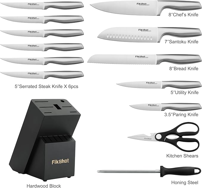 Kitchen Knife Set, FIKSHOT Premium Stainless Steel Knife Block Set, Razor-Sharp Santoku Knife and Fruit Knives, Gift for Homecooks, Rust-Proof, Designed for Women
