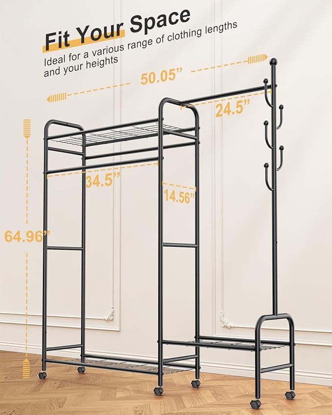 3-In-1 Clothes Racks For Hanging Clothes with Coat Rack, Heavy Duty Clothing Rack with Shelves Load 620Lbs, Portable Garment Racks with Lockable Wheels, Multi-Functional Closet Rack For Bedroom