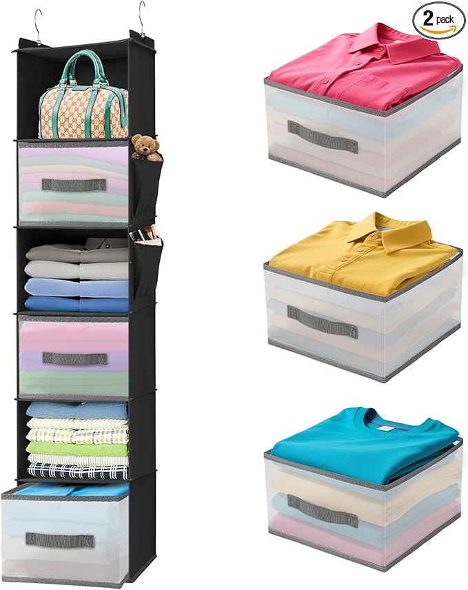 6-Tier Hanging Closet Organizer with 3 Drawers and Side Pockets – Multi-Functional Storage for Shoes, Belts, Purses, and Clothing