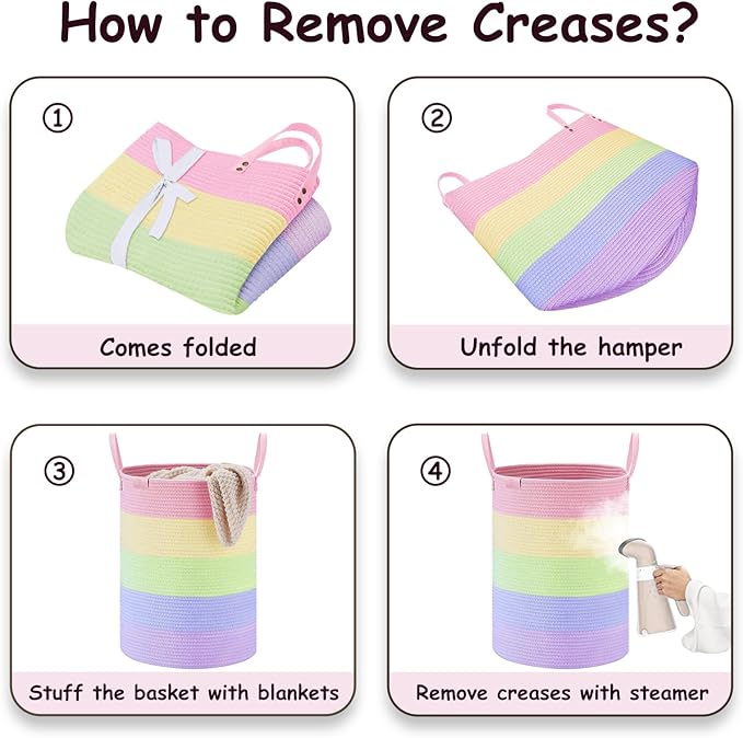 VIPOSCO Tall Laundry Basket, Large Dirty Clothes Hamper with Leather Handle, Woven Rope Storage Basket for Blanket, Toy In Living Room, Bathroom, Bedroom - 58L Rainbow