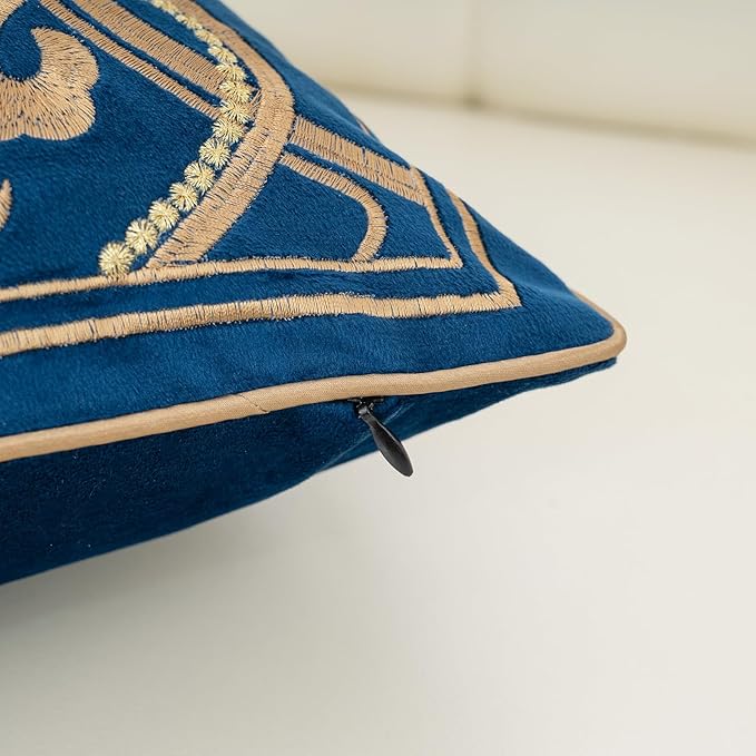 Aeckself European Floral Pillow Cover 12x20 Inch, Luxury Velvet Embroidered Decorative Lumbar Throw Pillow Cover for Couch Bedroom Living Room, Navy Blue and Gold, Yw-OBYG-Blue3050