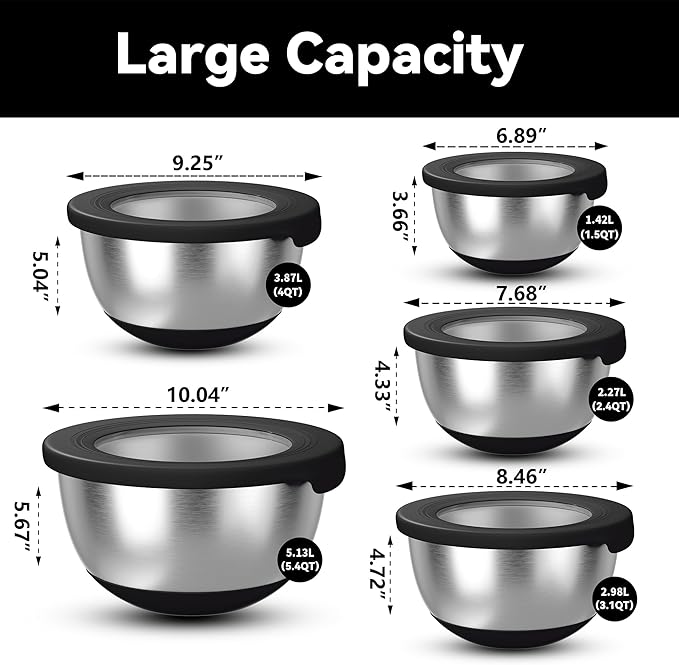 Stainless Steel Mixing Bowls with Lids – Set of 5 Large Nesting Metal Bowls for Kitchen, Baking, Cooking, Food Prep & Storage, Non-Slip Base, Dishwasher Safe,Black