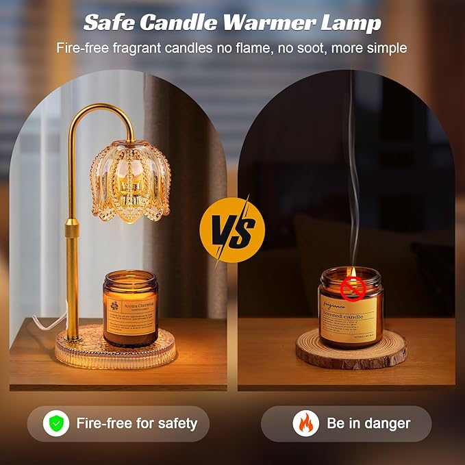 Petal Candle Warmer Lamp with Timer & Dimmable Light Champagne Gold - Adjustable Height Jar Melter on Crystal Glass Base, Home Decor Gift Set (Includes 2 Bulbs)