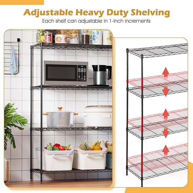 PayLessHere 4 Tier Shelving Unit 13.4" D×53.7" W×35" H Metal Shelving Standing Storage Shelf with 4 Steel Frame Adjustable Layer Racks Metal Commercial Shelf for Kitchen, Garage (Black)