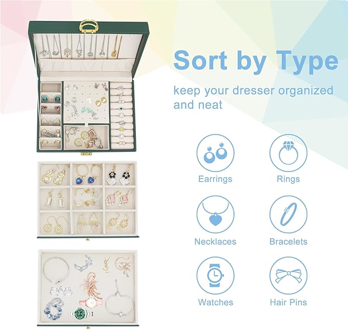 KOOAAICCHI Jewelry Box for Women, 3-Layer Jewelry Organizer, Jewelry Storage Case PU Leather for Earrings, Bracelets, Ring, Necklaces-Green