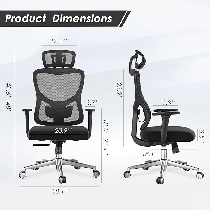 Soohow Ergonomic Office Chair,Mesh Desk Chair with Adjustable Lumbar Support and Headrest,Comfy Computer Chair with 3D Armrest Recling Swivel Chair for Home and Office, Black & Black