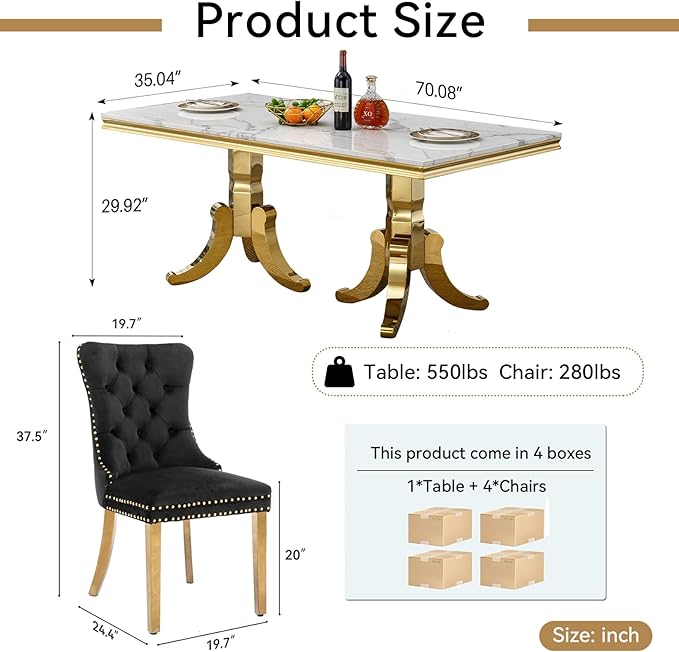 Goujxcy Faux Marble Dining Table Set for 4, Modern 5-Piece Dining Table Set with 4 Velvet Upholstered Chairs, 70" Large Long Faux Marble Kitchen Dining Room Table and Chairs with Stainless Steel Legs