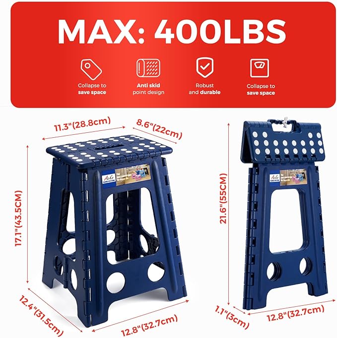 ACKO Folding Step Stool Foldable 17.5 Inch 400 lbs Capacity, Plastic Stools for Adults and Kids, Collapsible Stools for Kitchen, Stepping Stool with Handle(Royal Blue)