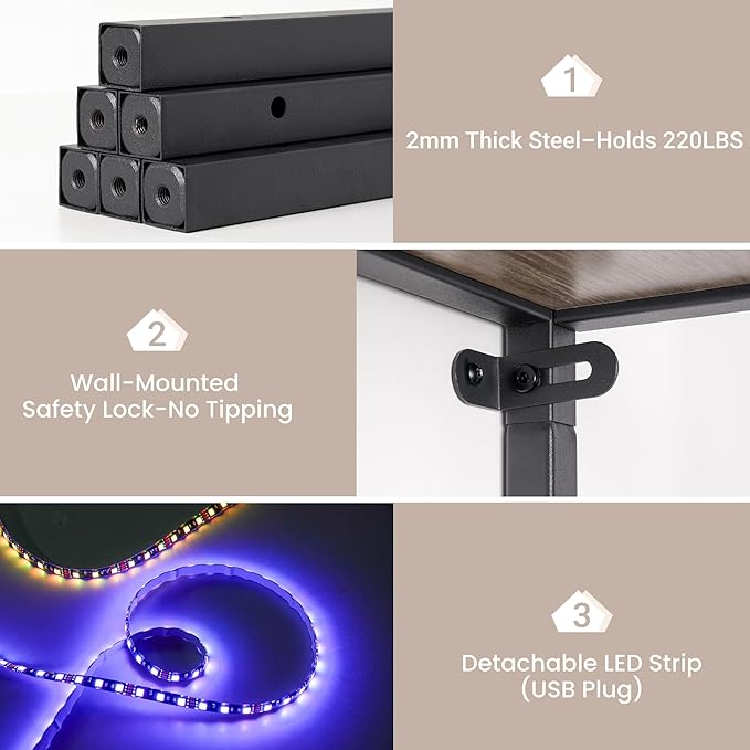 70 Inch Corner Shelf with LED Lights, 5-Tier Corner Bookshelf for Small Spaces, Wood & Metal Storage Rack for Bedroom, Living Room, Office - Modern Space Saving Design-Grey