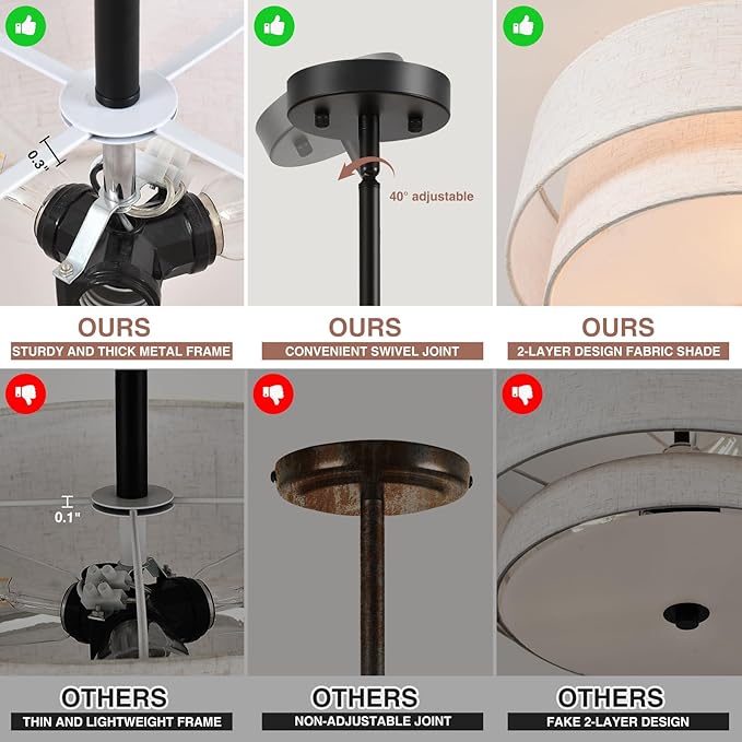 16" Semi Flush Mount Ceiling Light, Black 3 Light Double Drum Fabric Lampshade Lighting Fixture for Living Room, Bedroom, Dining Room, Kitchen, Hallway (Swivel Canopy for Sloped/Flat Ceiling)