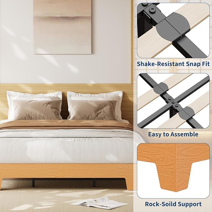 Garvee Wood Platform Bed Frame, Queen Size Bed Frame, Wood Slat Support, No Box Spring Needed, Easy Assembly, Noise-Free Design, Underbed Space for Storage