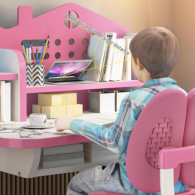 Kids Adjustable Study Desk & Chair Set w/ Storage,Drawers,Bookshelf,Child Toddler Writing Homework Table,Little Girl Work Computer Desk,Princess Preschool Table,Escritorio Mesas Para Niña (Pink B)