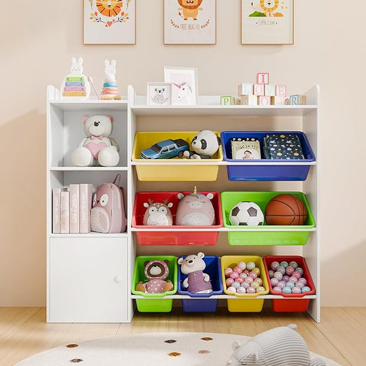 Multicolor Toy Storage Organizer, Toy Organizers and Storage Bins, Toy Storage Shelf with 8 Toy Bins, Toy Organizer with Bookshelf, Book Shelf and Toy Storage for Kids Room, Playroom, Bedroom, Nursery