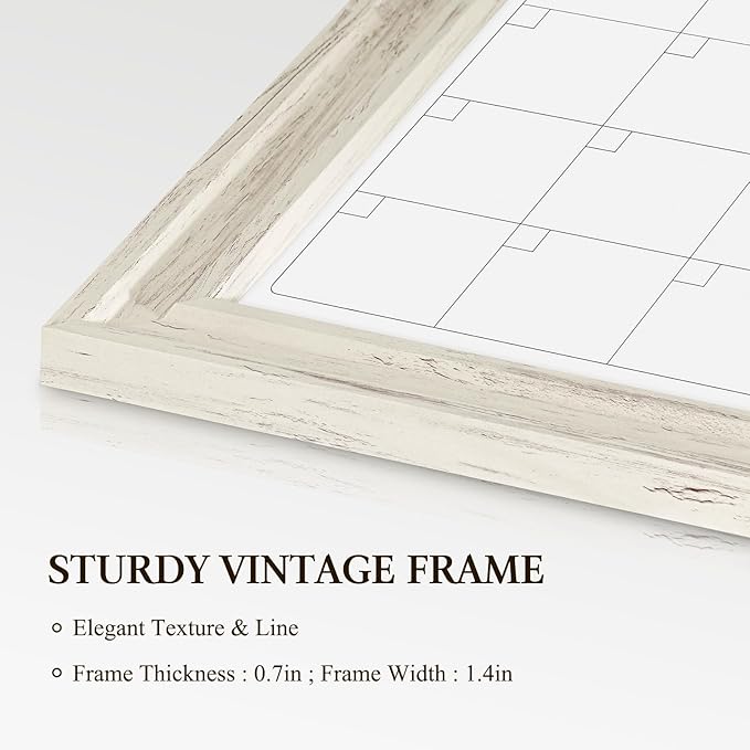 4 THOUGHT Whiteboard Calendar 24" x 18" Magnetic Dry Erase Board Wood Frame Wall-Mounted Monthly Planner White Board Decorative Notice Board for Office School Home, White Vintage