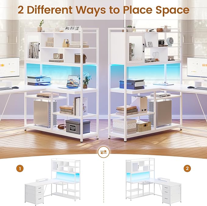 SEDETA L Shaped Computer Desk, 58'' Office Desk with 3 Drawers and Bookshelf, L Shaped Corner Desk with Storage Shelves and LED Light for Home Office, Gaming Desk, L Desk, White
