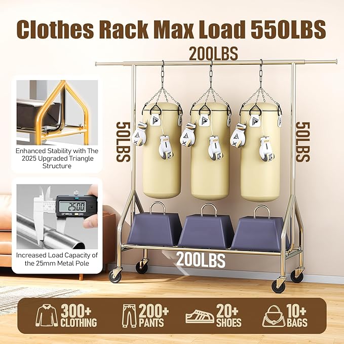 Heavy Duty Clothes Rack Load 500 LBS,Clothes Clothing Racks for Hanging Clothes with Lockable Wheels & Stable Shelves, Rolling Garment Wardrobe Portable Closet Rack,Sliver