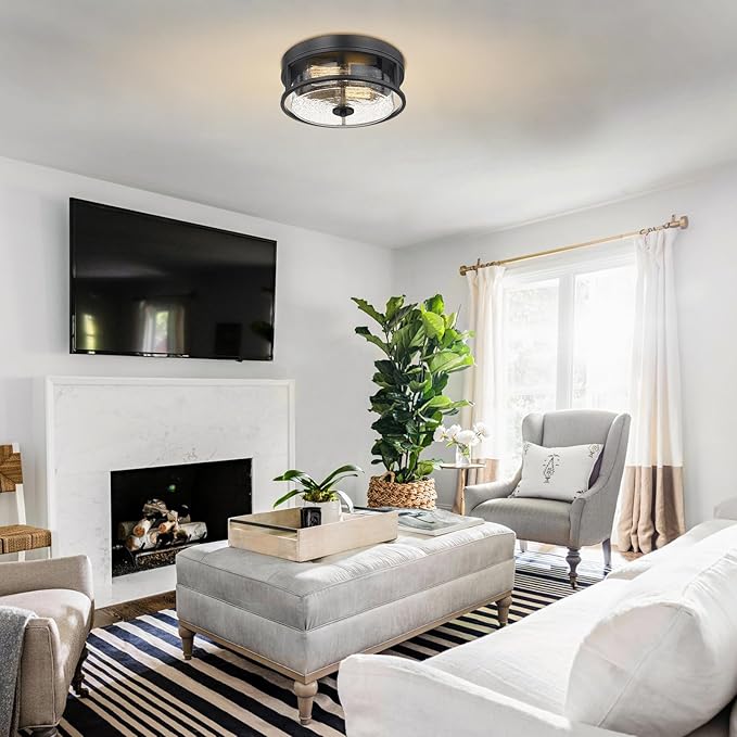 2-Light Flush Mount Ceiling Light, Farmhouse Industrial Black Finish with Seeded Glass Ceiling lamp, Modern Ceiling Light Fixture for Bedroom Living Room Kitchen Hallway Entryway