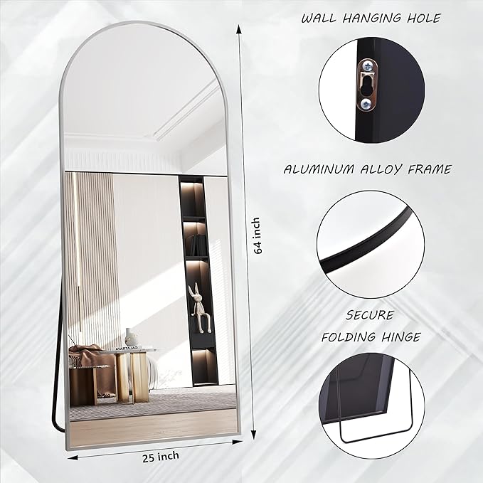 Arched Full Length Mirror,65"x24"Floor Mirror,espejos Grandes para sala Elegantes,Silver Mirror Full Length,Body Mirrors for Bedroom(Silver)
