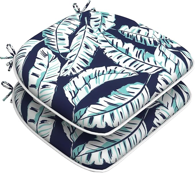 Set of 2 Outdoor Chair Cushions with Ties,Water Repellent Patio Chair Pads 17"x 16" for Outdoor Furniture,Round Corner Seat Cushions for Garden Yard Kitchen Baltic Palms White