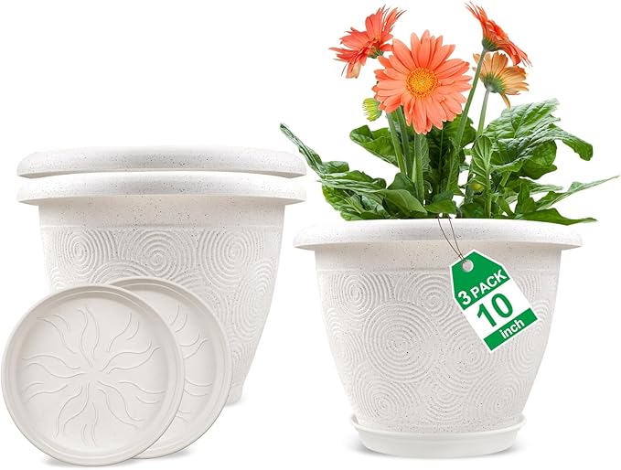 Plastic Flower Pots Planters for Indoor Plants, 3 Pack 10 Inch White Plant Pots with Drainage Hole & Tray, Modern Decorative Large Plant Pot with Saucer for Indoor Outdoor Plants Garden House Planter