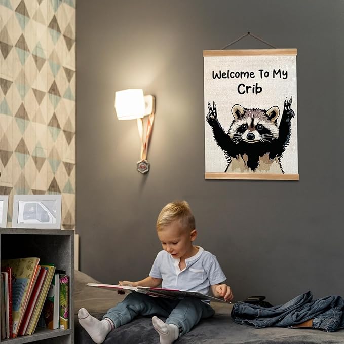 ZTGDA Welcome to My Crib Wall Art,Funny Raccoon Poster Durable Man Cave Wall Decor,Raccoon Canvas Hanging Sign for Entryway, Dorm Room, Nursery or Bedroom Decor (My crib raccoon)