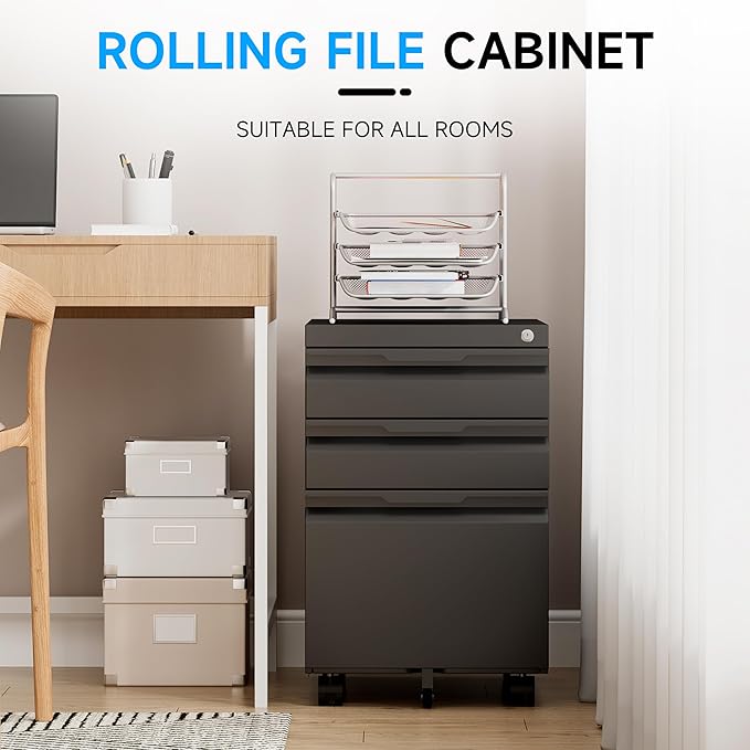 3 Drawer File Cabinet on Wheels, Mobile File Cabinet with Lock for Letter/Legal/A4 File, Metal Rolling File Cabinets for Home Office (Black)