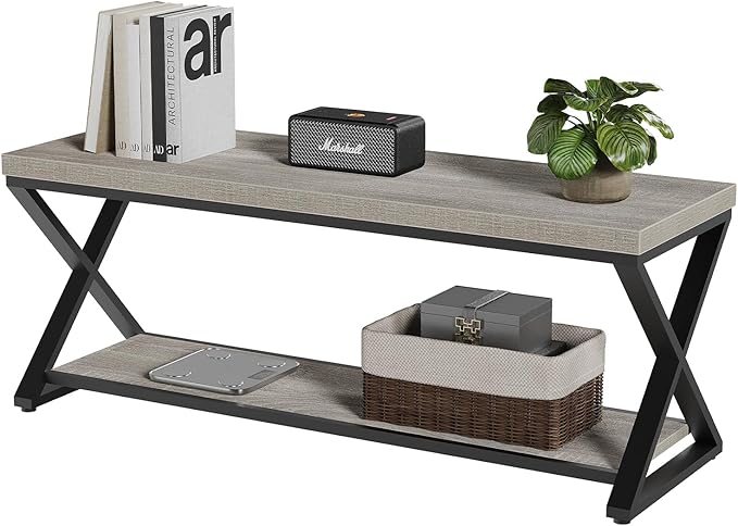 IBF Industrial Wood Entryway Bench, Indoor Farmhouse Hallway Accent Entry Bench for Seating Sitting with Storage, Metal Shoe Rack Grey Bench Organizer in Foyer Bedroom, Light Grey Oak, 47 Inch Long