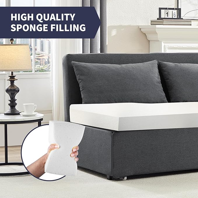 Queen Size Sofa Bed, Pull Out Sofa Bed with Cushions & Throw Pillows, Linen Couch Beds, Modern Convertible Sleeper Sofas Beds, Loveseat for Living Room for Small Spaces - Dark Grey