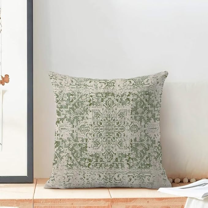 BETGINY Sage Green Ethnic Boho Throw Pillow Covers 18 x 18 Inch Pack of 2, Bohemian Carpet Pattern Decorative Pillow Cases Vintage Outdoor Linen Farmhouse Cushion Case for Bedroom Home Sofa Decor