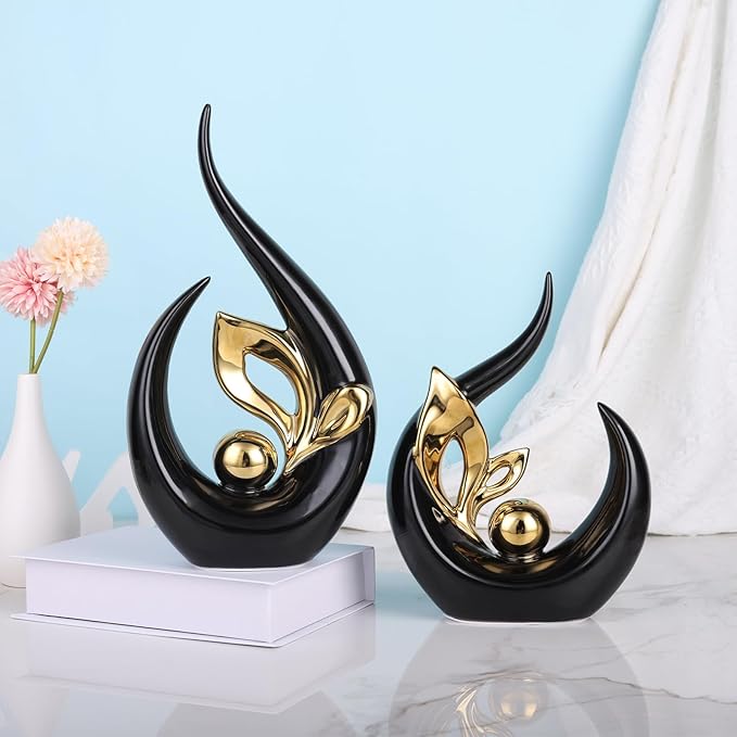 DOVDOV Black and Gold Home Decor, Abstract Ceramic Statue Set of 2 for Home Living Room Shelves, Coffee Tables, Shelves, Dining Table centerpieces