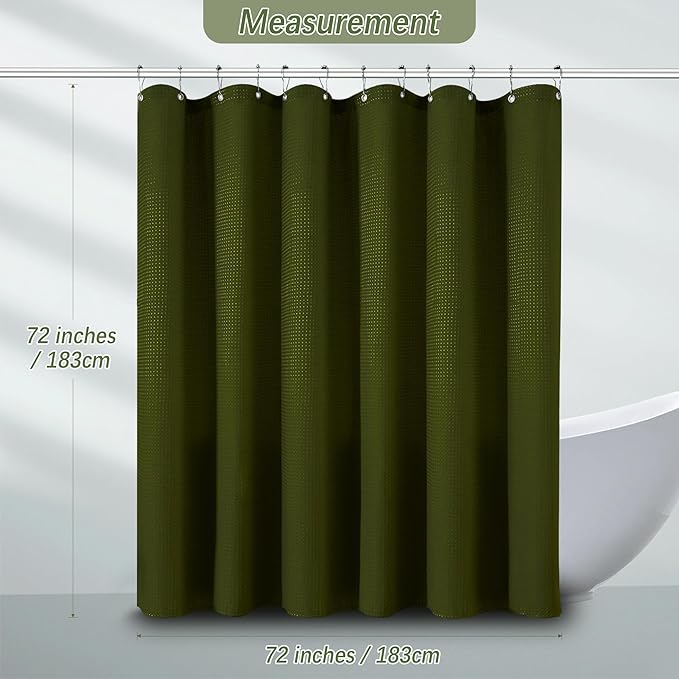 Dark Green Shower Curtain with Waffle Weave Fabric Shower Curtain Waffle Textured Heavy Duty, Hotel Quality Bathroom, 72 x 72 Inches