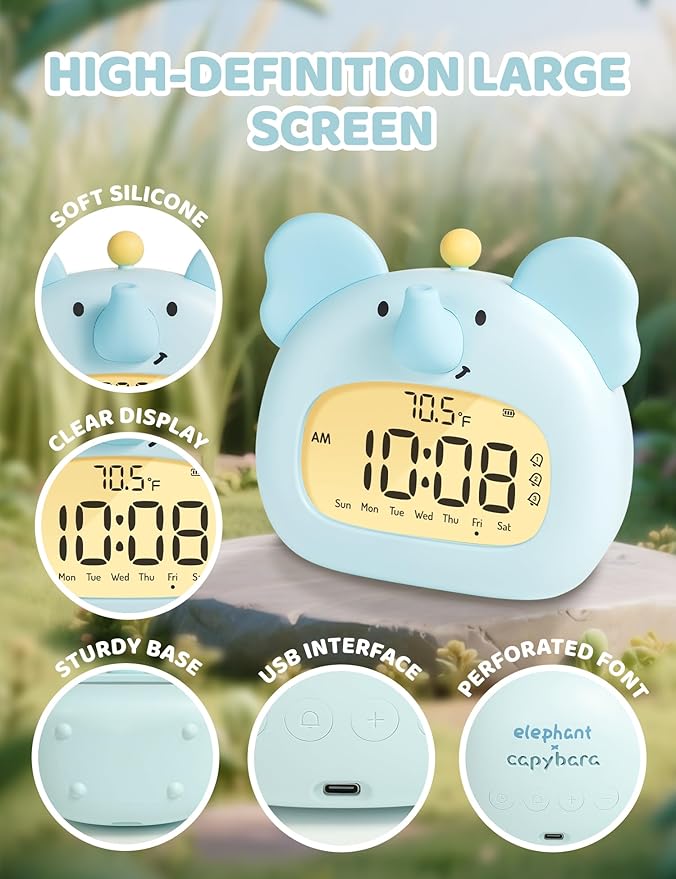 Elephant Alarm Clock for Kids Bedroom, Blue Elephant Animals Clock with Night Light, Adjustable Dimming, 3 Alarms, Loud, Timer, Boys Alarm Clocks Gift