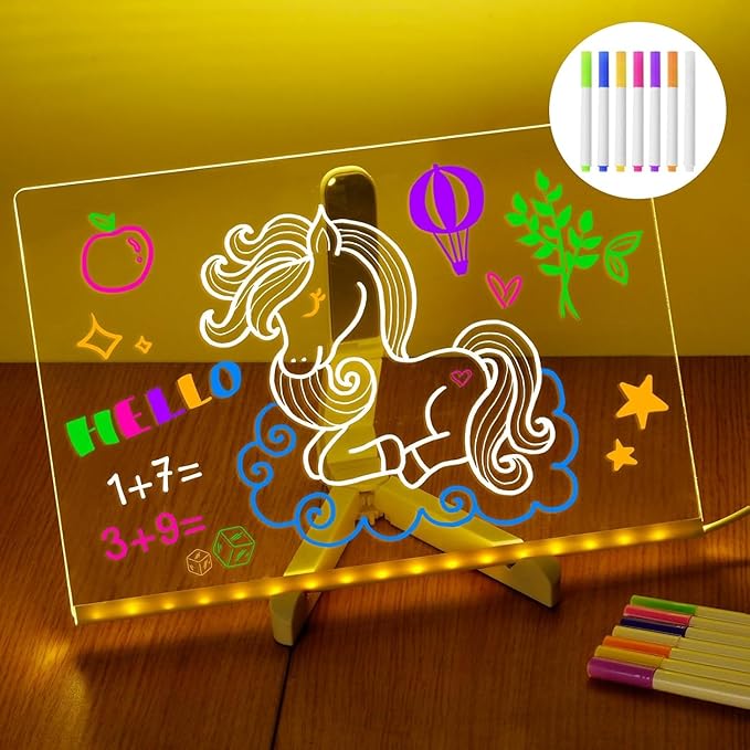 LED Note Board with Colors 11.8 X 7.9”, Acrylic Dry Erase Board with Light, Led Drawing Writing Board for Kids with 7 Marker Pen, Light up Message Board with Stand, Glow Rewritable Memo Board Write On