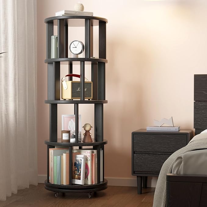 Solid Wood Rotating Bookshelf on Wheels, 4 Tier, Round Revolving Bookcase, 360° Spinning Book Shelf Tower for Kids, Narrow Rolling Bookshelves for Small Space, Corner, Bedroom, Office, Black