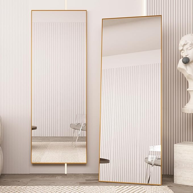 Beauty4U 65" x 24" Full Length Mirror with Stand, Gold Wall Mounting Full Body Mirror, Metal Frame Full-Length Tempered Mirror for Living Room, Bedroom