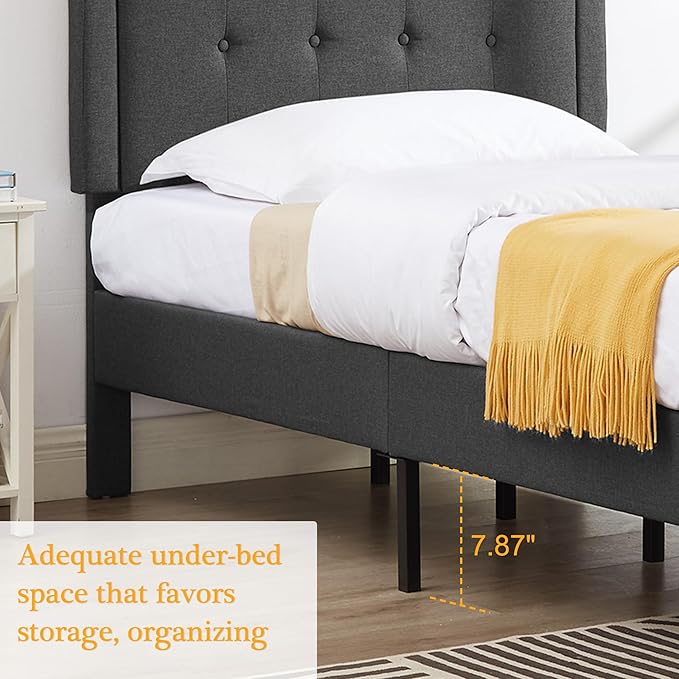VECELO Twin Upholstered Platform Bed Frame with Adjustable Button Stitched Panel Headboard,Strong Wood Slat Support,Velcro Design,Mattress Foundation/Easy Assembly,Grey