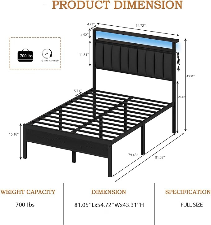 Furnulem Full Size Bed Frame with Charging Station and LED Lights, Platform Bed with Metal Slats, Grey Upholstered Headboard with 2-Tier Storage Shelves, No Box Spring Needed