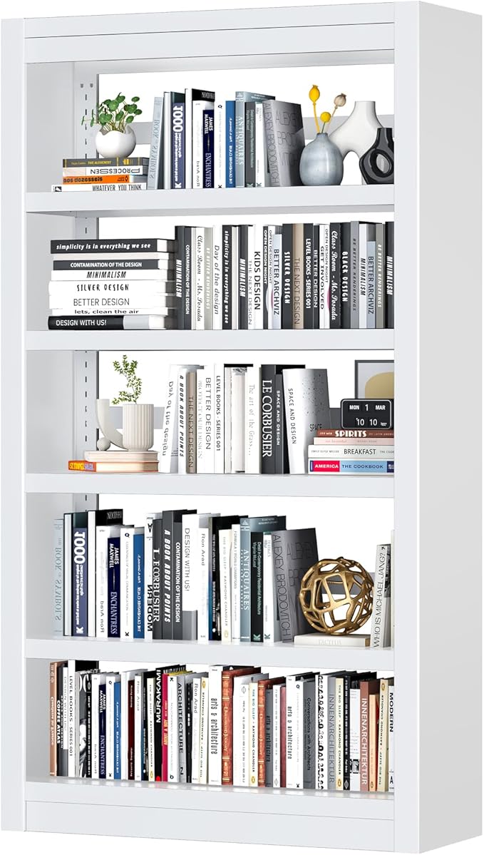 Bookshelf,6-Tier Adjustable Steel Book Shelf,61" H Heavy Duty Metal Bookcase for Home/Office/Garage,White Shelf (White, 61" Tall)