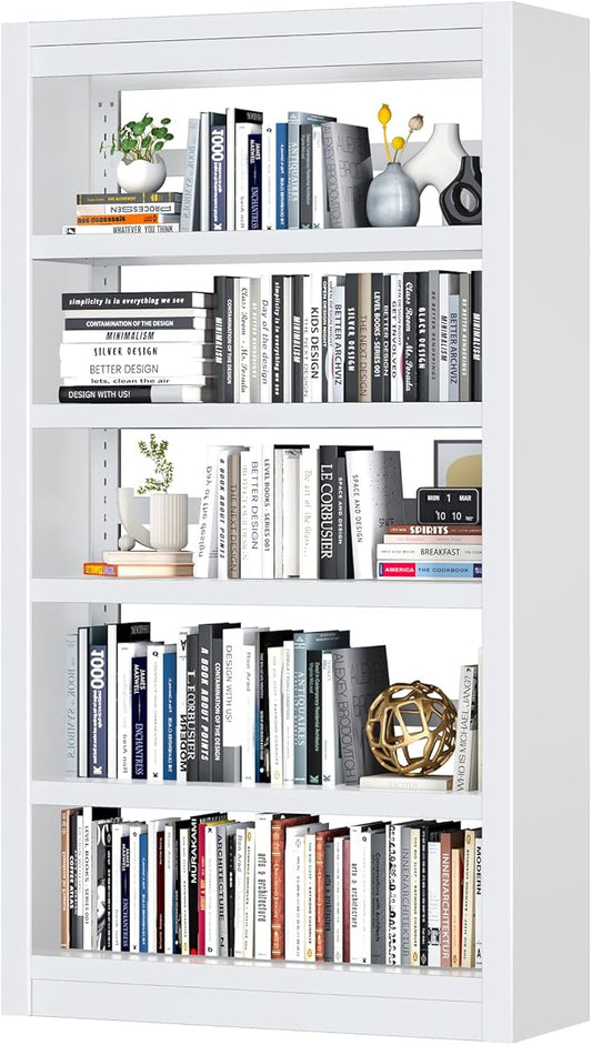 Bookshelf,6-Tier Adjustable Steel Book Shelf,61" H Heavy Duty Metal Bookcase for Home/Office/Garage,White Shelf (White, 61" Tall)