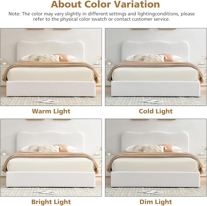 VELOCAVA King Size Storage Bed with 4 Drawers, Modern Upholstered Bouclé-Textured Platform Frame with Curved Headboard, Rounded Corners, Wood Slats, No Box Spring Needed, Cream White