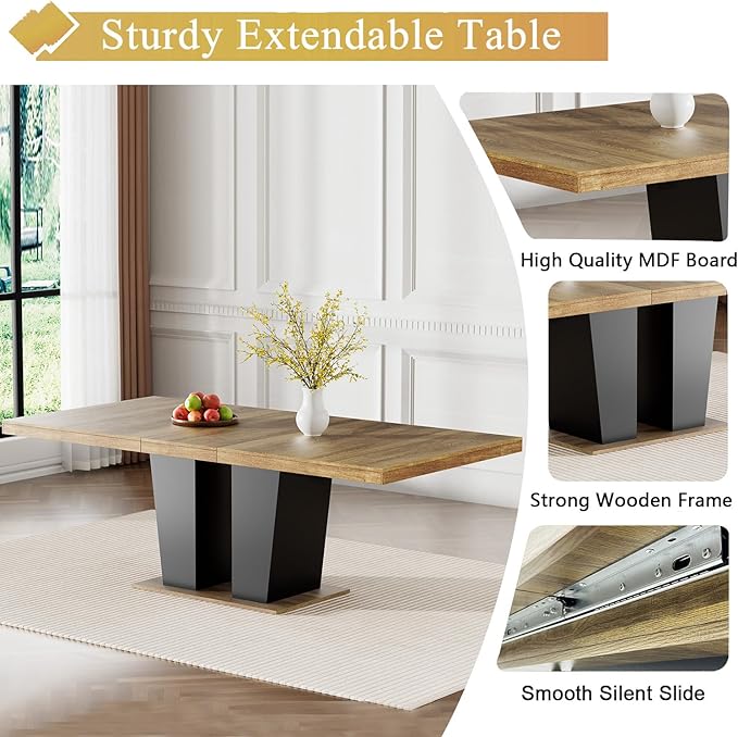 Goujxcy 5-Piece Extendable Dining Table Set for 4-8 People 63-78 Inch Kitchen Table Set with 4 Velvet Upholstered Chairs Farmhouse Rectangular Dining Room Table Set for Kitchen Dining Room Apartment