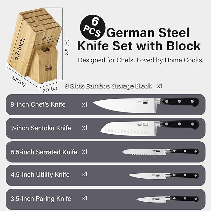 Cooks Standard 6-Piece Stainless Steel Knife Set with Expandable Bamboo Block for Extra Slots