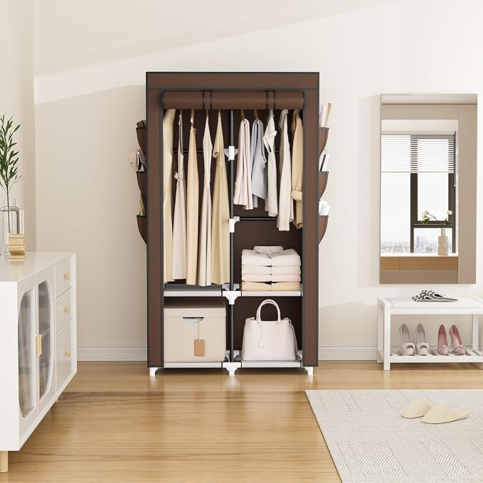 VTRIN Portable Closet Wardrobe for Hanging Clothes with 4 Storage Shelves, 2 Hanging Rods and 6 Pockets, Stable and Easy Assembly Clothes Rack with Cover Free Standing Closet, Brown