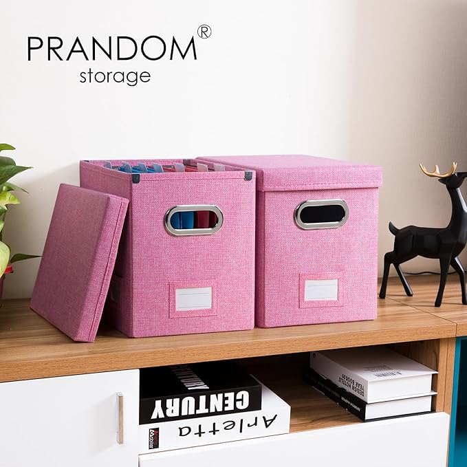 PRANDOM File Organizer Box - Set of 1 Collapsible Decorative Linen Filing Storage Hanging File Folders with Lids Office Cabinet Letter Size Pink (14x9.3x10.8 inch)