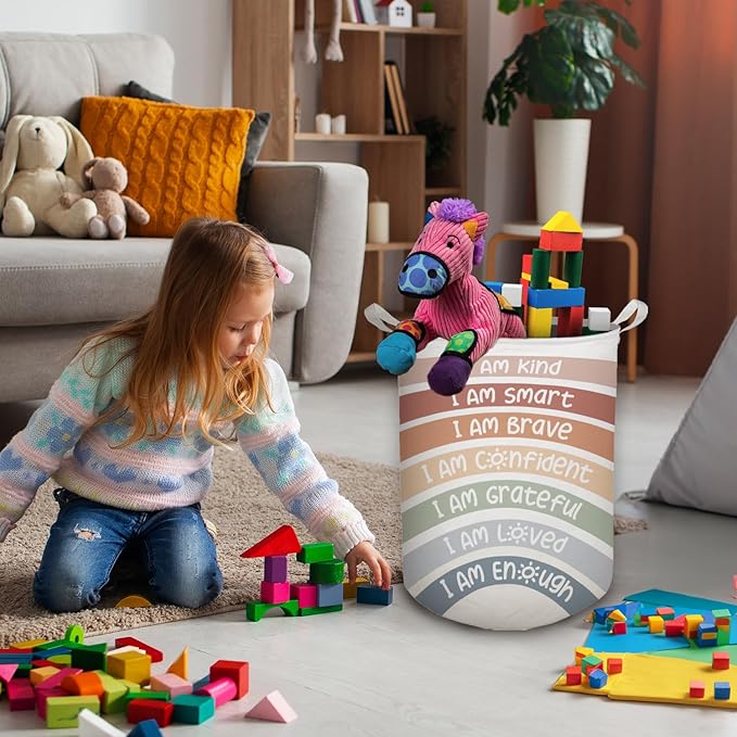 Boho Rainbow Laundry Basket, Positive Affirmations Inspirational Waterproof Collapsible Laundry Hamper Dirty Clothes Storage Toy Bin Organizer for Kids Room College Dorm Bedroom Bathroom