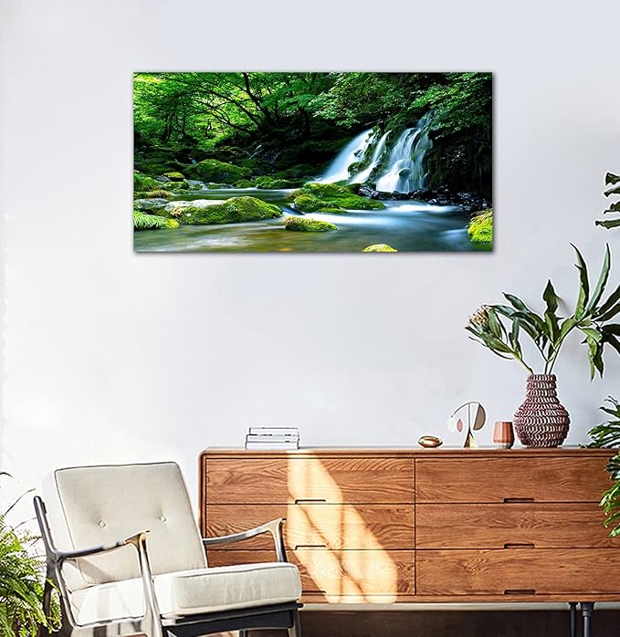 Waterfall Canvas Wall Art Living Room Decoration Large Nature Picture Artwork Modern Wall Art Landscape Green Forest for Kitchen Office Wall Decor Home Decorations Framed Ready to Hang 20" x 40"
