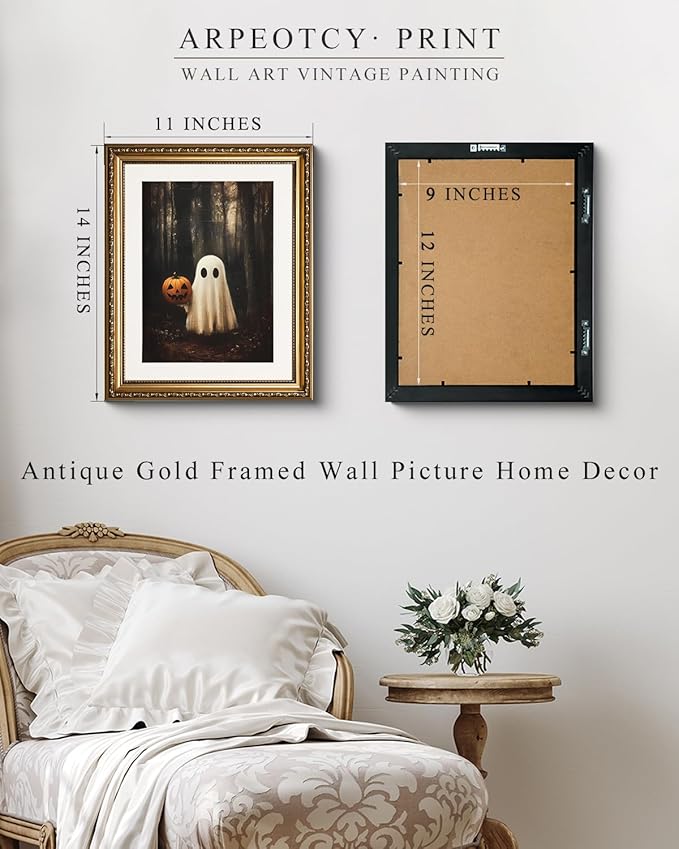 VIYYIEA Vintage Gold Framed Wall Art for Living Room, Ghost & Pumpkin Head Artwork Prints Decor, Halloween Wall Decor, Gallery Picture Painting, for Bedroom Bathroom Kitchen 14L x 11W