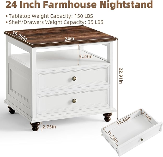 24" Wide Farmhouse Night Stand,Large End Table with 2 Drawers & Metal Handle,Wood Dresser for Bedroom, White Bed Side Table Chest of Drawers Cabinet,Nightstand for Living Room,Closet