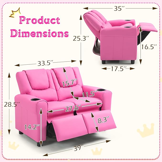 AVAWING Kids Recliner Chair, Double Kids Sofa Chair w/Cup Holder PU Leather, Toddler Loveseat Couch w/Adjustable Footrest & Headres for Boys Girls 3+ Age Group, Pink